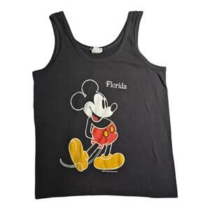 Vtg 1980s Sherry Mfg Black Cotton Mickey Mouse Florida Screen Printed Tank Top S